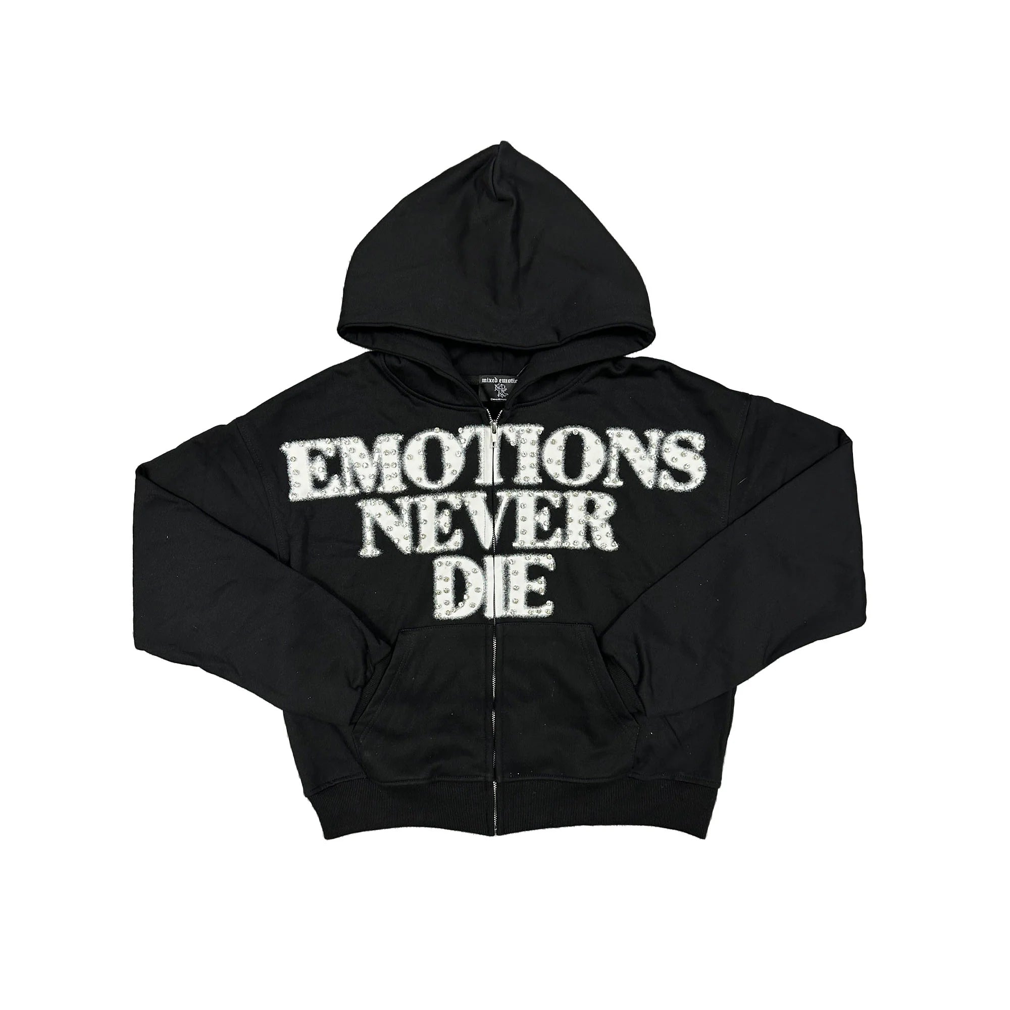 Mixed Emotions Emotions Never Die Rhinestone Black Zip Up Hoodie