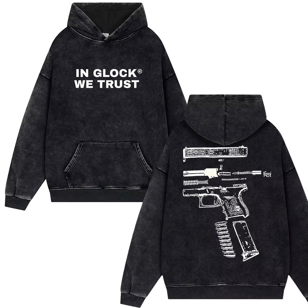 In Glock We Trust Washed Black Masked Hoodie