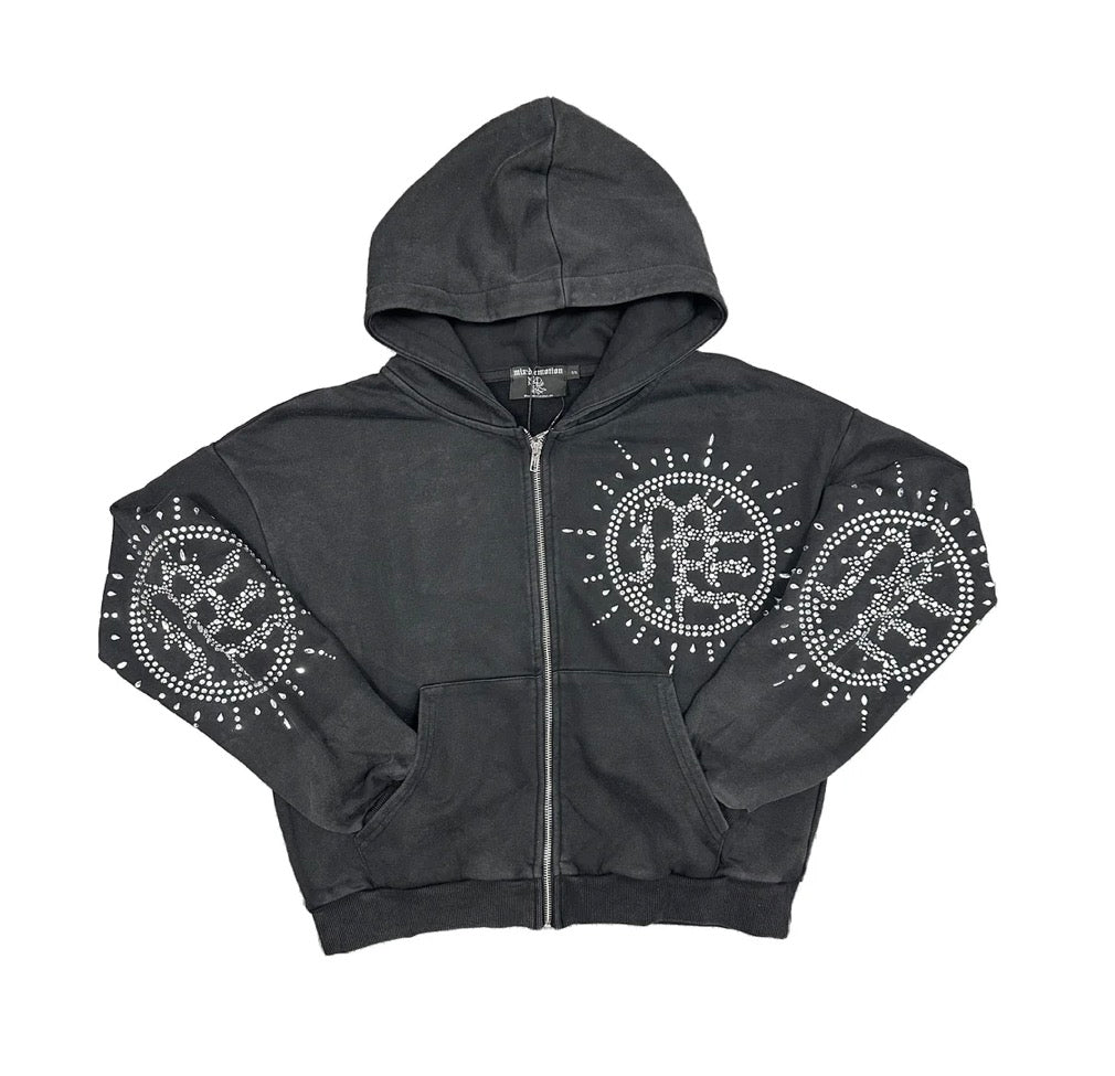 Mixed Emotion Eclipse Grey Acid Wash Rhinestone Hoodie