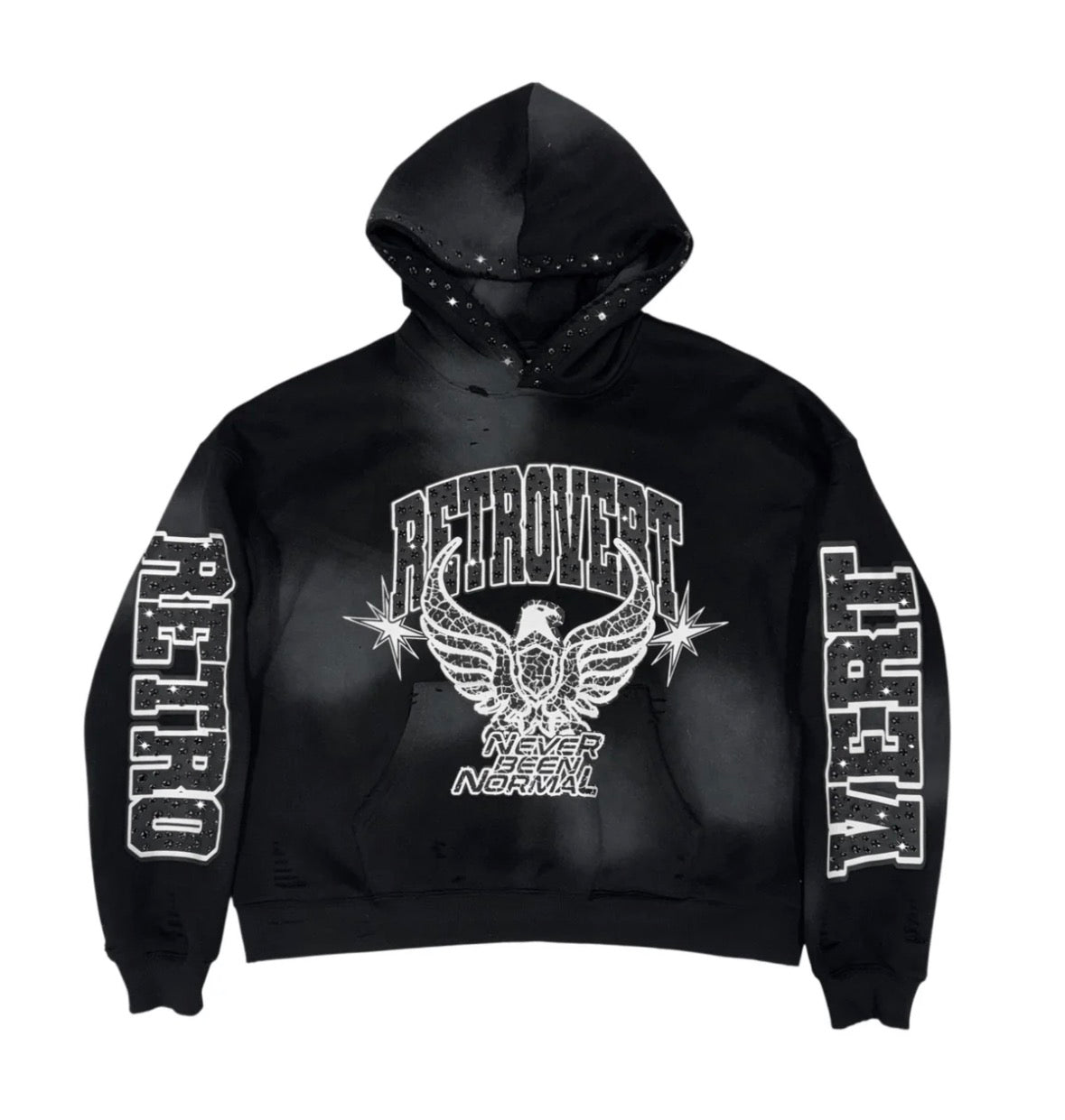 Retrovert Rhinestone Star Eagle Hoodie Black